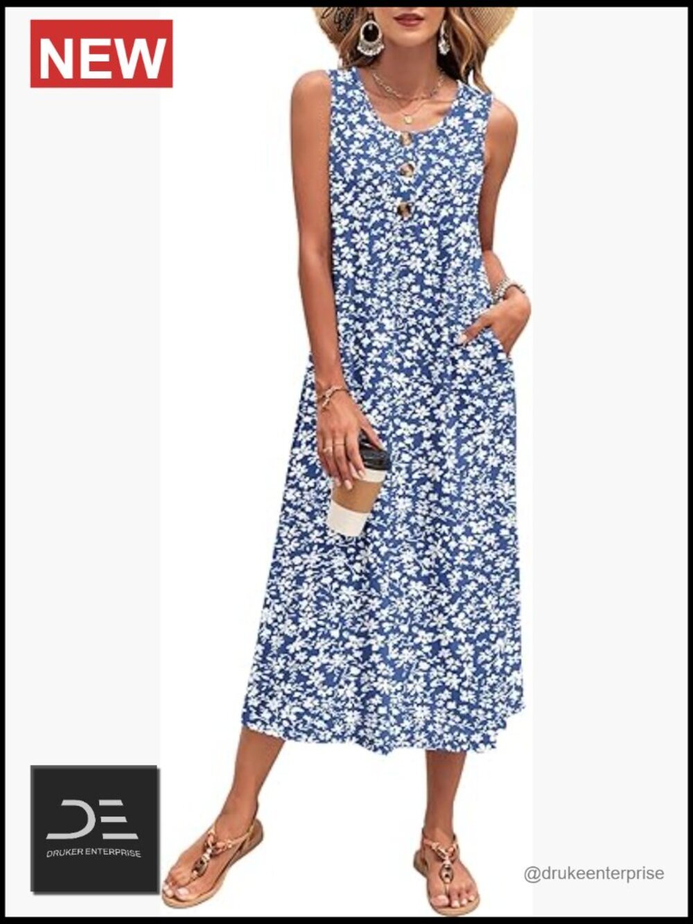 Women's Sleeveless Button Down Maxi Dress with Pockets Summer Beach